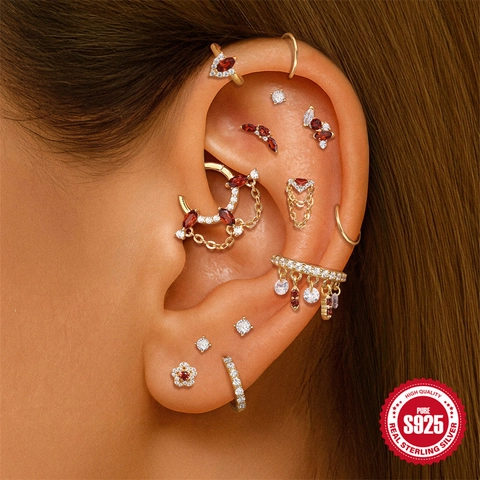 S925 Sterling Silver Red Garnet Zirconia Ear Cartilage Stud Gold Plated Vintage Flat Head Piercing Earrings For Women