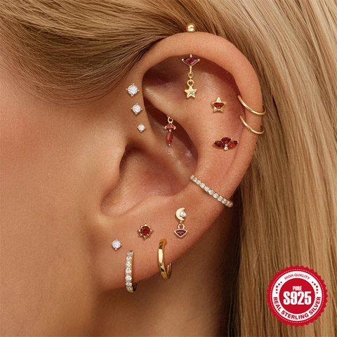 925 Sterling Silver Gold Plated Red Zircon Geometric Cartilage Stud Earrings Tassel Dangle Piercing Jewelry For Women