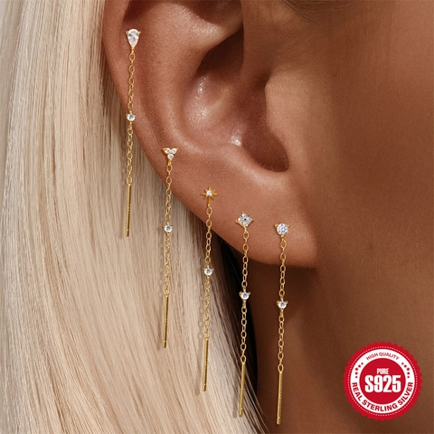 925 Sterling Silver Tassel Threader Earrings For Women Gold Plated AAAAA Cubic Zirconia Flower Star Drop Dangle Piercing Jewelry