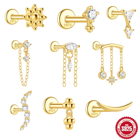 925 Sterling Zilver Geometrische Achtpuntige Ster Zirconia Oorknopjes Platte Achterkant Schroef Kraakbeen Piercing Sieraden Voor Dames Heren Goud Niche Design