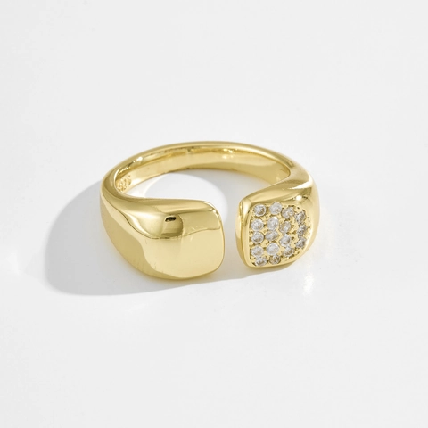 Minimalist S925 Sterling Silver Open Adjustable Ring Geometric Square Asymmetric Pavé Cubic Zirconia Gold Silver Ring For Women