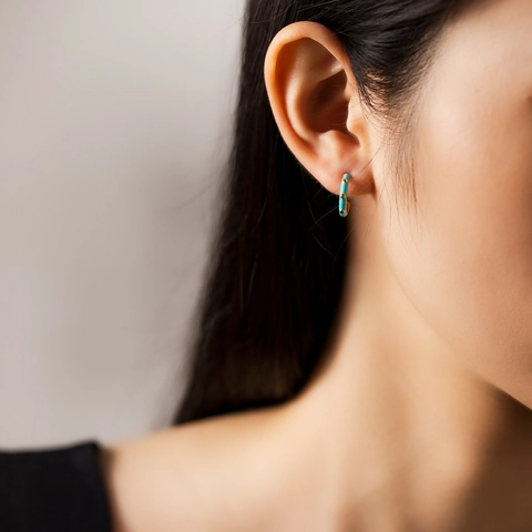 Poste de Plata de Ley 925 Bañada Oro 18K Esmalte Pendientes Botón Aro en C Mujer Con Zirconia de Colores Joyería