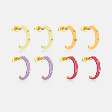 Poste de Plata de Ley 925 Bañada Oro 18K Esmalte Pendientes Botón Aro en C Mujer Con Zirconia de Colores Joyería