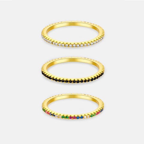 S925 Sterling Silver Minimalist Stacking Ring For Women 18K Gold Plated Cubic Zirconia Eternity Band Rainbow Black White Stone Jewelry