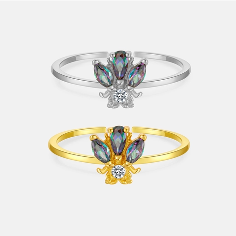 925 Sterling Silver Adjustable Open Ring Iridescent Marquise Zirconia Crown Shaped Elegant Jewelry Accessory Gift For Women