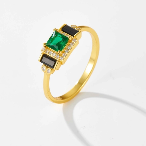 925 Sterling Silver Vintage Geometric Ring For Women Gold Plated Green Emerald Cut Cubic Zirconia Black Stones Statement Wedding Jewelry