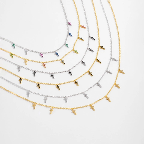 Collar de Colgante de Cruz Múltiple de Plata de Ley 925 Con Zirconia Negra Blanca Arco Iris Chapado en Oro 18K Joyería Minimalista para Mujer