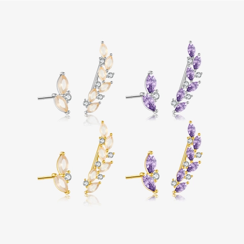 Asymmetric Leaf Flower Stud Earrings With 925 Sterling Silver Earring Post Gold Silver Plated Zirconia Ear Crawler Jewelry