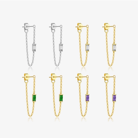 Pendientes de Botón de Cadena de Plata de Ley 925 para Mujer Con Piedra Rectangular de Zirconia Joyería Colgante Minimalista Geométrica Poste