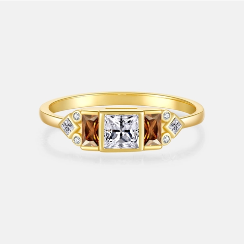 Anillo Vintage de Plata de Ley 925 con Zirconia Blanca Cuadrada Chapado en Oro de 18K Anillo Geométrico Piedra Ámbar Joyería Mujer