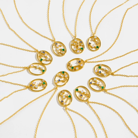 Collar de Signos del Zodiaco de Plata de Ley 925 Chapado en Oro de 18K Zirconia Colorida Colgante de Mapa de Estrellas Hueco Joyería Mujer