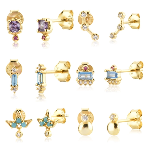 925 Sterling Silver Stud Earrings Gold Plated Zirconia Colorful Gemstones Geometric Butterfly Flower Jewelry For Women