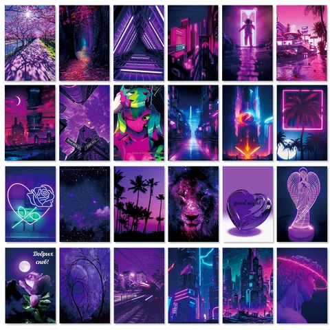 Kit Collage da Parete Purple Cyberpunk Aesthetic Vaporwave Decorazioni Stanza Poster al Neon per Camera da Letto Dormitorio