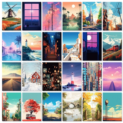 Ästhetische Landschaft Wanddeko Karten Sortierte Cartoon Straße Illustration Szenische Poster Für Zuhause Schlafzimmer Wanddekoration