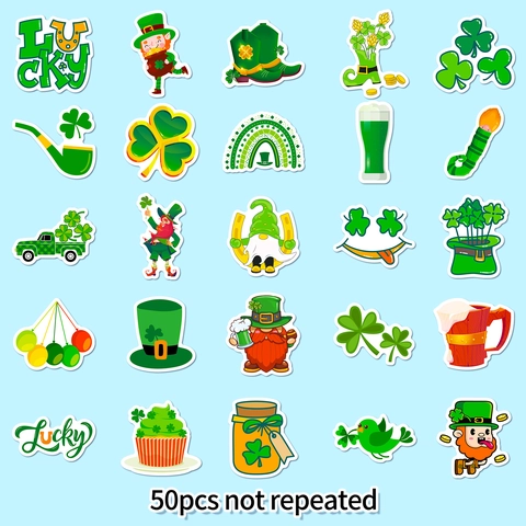 Adesivi Verdi Per Il Giorno Di San Patrizio Trifoglio Leprechaun Cartone Animato Impermeabili In PVC Per Laptop Bagagli Skateboard Fai Da Te