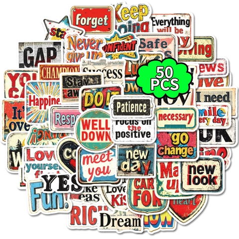 50 Pezzi Adesivi Decorativi in Stile Americano Retrò Impermeabile PVC Citazioni Motivazionali in Inglese per Scrapbooking Laptop Fai Da Te