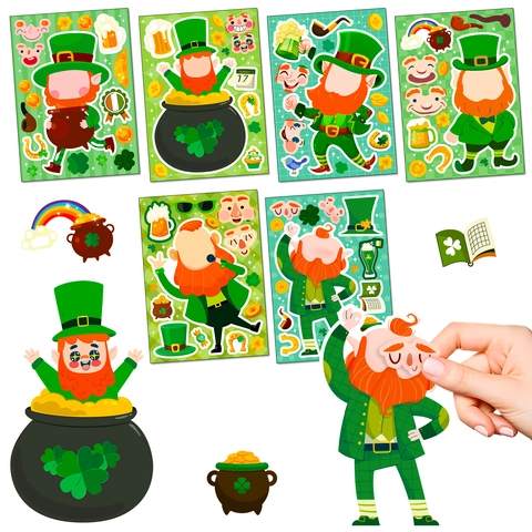 St Patrick's Day DIY Stickers Make A Face Leprechaun Clover Rainbow Gold Coin Adhesive Labels For Kids School Party Favors Gift