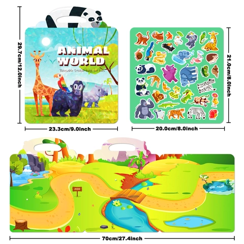 Reusable Jelly Sticker Book Animal World Educational Quiet Book For Toddlers Kids Zoo Theme Folding Board Portable Travel Toy