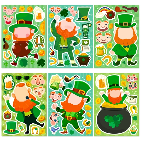 St Patrick's Day DIY Stickers Make A Face Leprechaun Clover Rainbow Gold Coin Adhesive Labels For Kids School Party Favors Gift