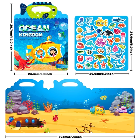 Libro di Adesivi in Gelatina Riutilizzabili Ocean Kingdom per Bambini Adesivi Statici in TPR Impermeabili Giocattolo Educativo Cognitivo Animali Marini