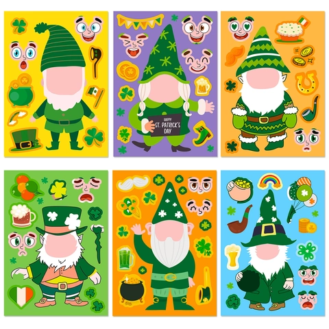 St Patrick's Day Crea Il Tuo Viso Adesivi Per Bambini Fai Da Te Cartone Animato Gnomo Trifoglio Arcobaleno Adesivi Per Festa Artigianato