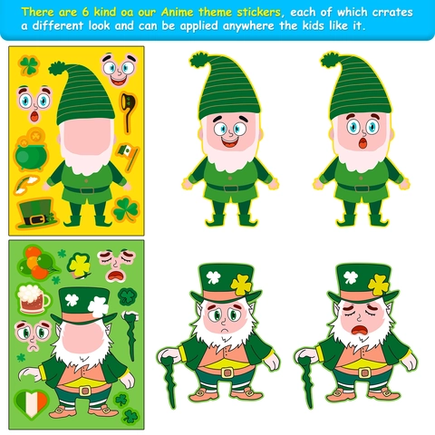 St Patrick's Day Crea Il Tuo Viso Adesivi Per Bambini Fai Da Te Cartone Animato Gnomo Trifoglio Arcobaleno Adesivi Per Festa Artigianato