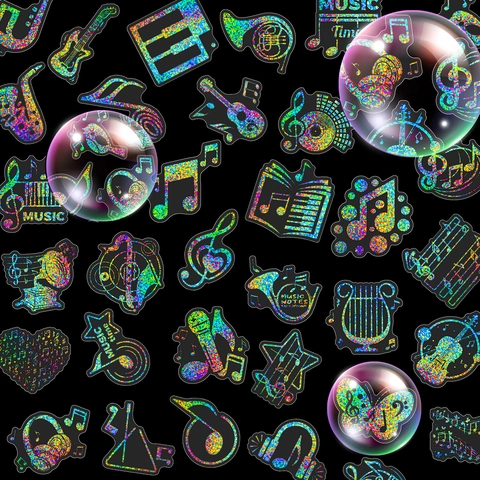 Music Symbol Laser Stickers Silver Holographic Musical Instrument Decals For Scrapbooking Kids Reward Decoration