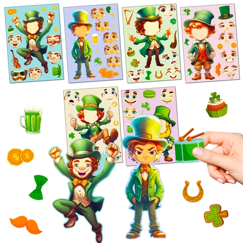 St. Patrick's Day Leprechaun DIY Make A Face Adesivi Per Bambini Trifoglio Irlandese Pentola Di Monete D'oro Puzzle Di Cartoni Animati Giochi Di Festa