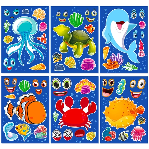 Adesivi Crea Un Volto Animali Marini DIY Adesivo Puzzle Vita Marina Tartaruga Delfino Pesce Granchio Medusa Giocattolo Educativo Regalo Per Bambini