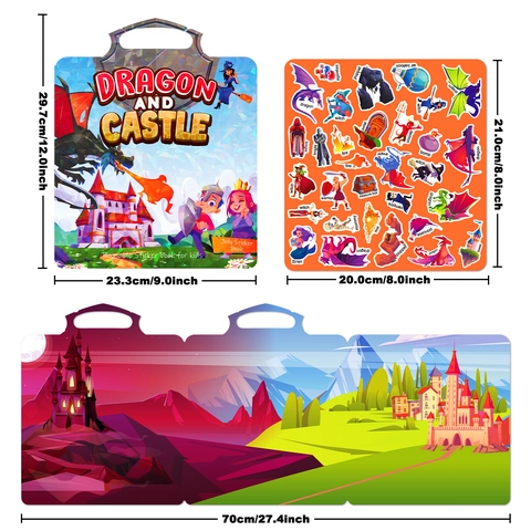 Libro di Adesivi in Gel Riutilizzabili Tema Drago e Castello Giocattolo Educativo per Bambini Quiet Book Giocattolo da Viaggio