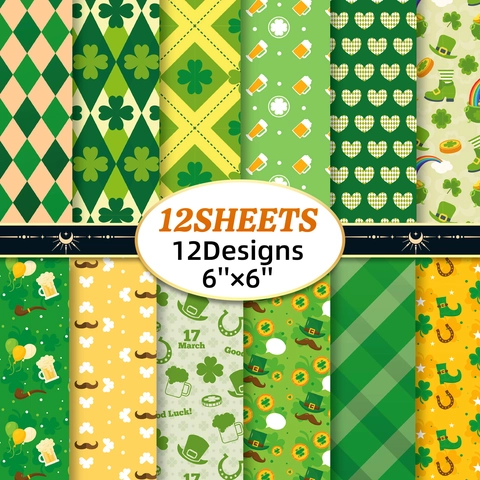 St Patrick's Day Scrapbook Paper Set Shamrock Beer Pattern DIY Crafting Decorative Background Paper For Gift Wrapping Scrapbooking