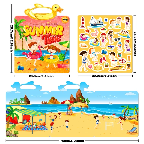 Children Reusable Jelly Sticker Book Summer Beach Theme Early Education Portable Handle Activity Book Kids Educational Toy
