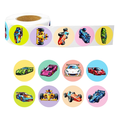 Pegatinas Adhesivas Redondas de Coche de Carreras para Niños Papelería Escolar DIY Scrapbooking Sello de Sobre Decoración