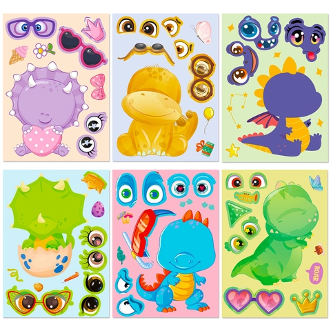 Cute Cartoon Dinosaur DIY Mix And Match Stickers For Kids Early Learning Puzzle Toy Face Changing Decorative Decals