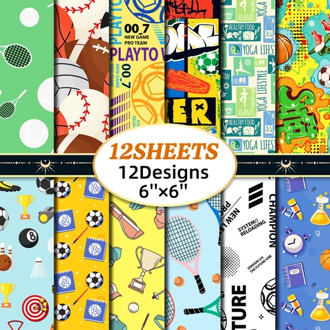 12 Hojas de Papel de Material para Scrapbooking Tema Deportivo Estilo Grafiti Americano Papel de Fondo Decorativo DIY