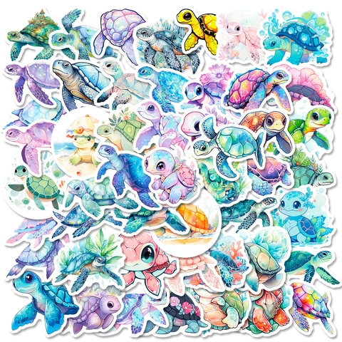Pegatinas de Tortuga Marina de PVC Impermeables Calcomanías de Animales Marinos Para Laptop Botella de Agua Funda de Teléfono Acuarela Dibujos Animados