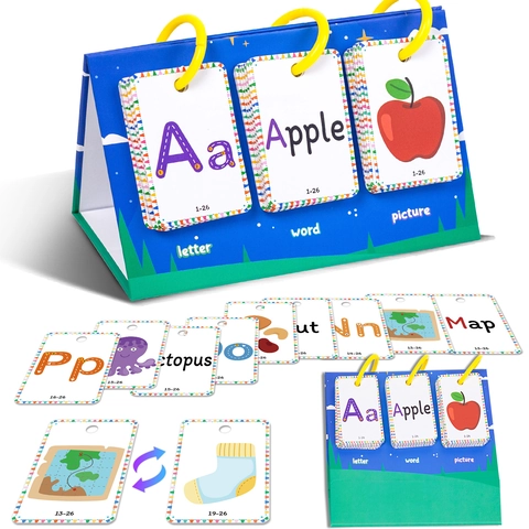 Educational Alphabet Words Vocabulary Flip Cards Set For Kids English Learning Letter Recognition Animals Shapes Pictures Early Education Study Toy