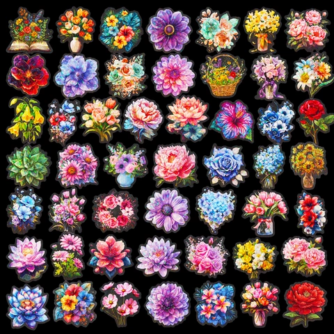Holographic Laser Flower Stickers PET Waterproof Floral Decals For DIY Journal Scrapbook Decoration Aesthetic Stationery