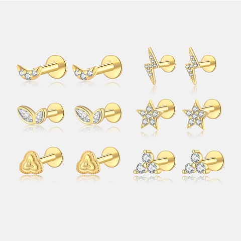 Boucles d'Oreilles Clous en Argent Sterling 925 pour Femmes Petite Zircone Étoile Lune Cœur Feuille Éclair Bijoux