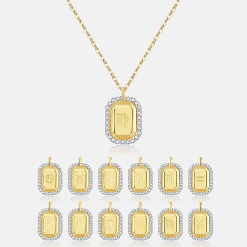 Collar del Zodiaco de Plata de Ley 925 para Mujer Chapado en Oro de Dieciocho Quilates Colgante Rectangular Doce Constelaciones