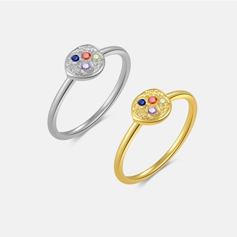 925 Sterling Silver Jewelry Set For Women Hammered Round Colorful Zirconia Inlaid Ear Studs Threader Earrings Rings Fashion Accessories