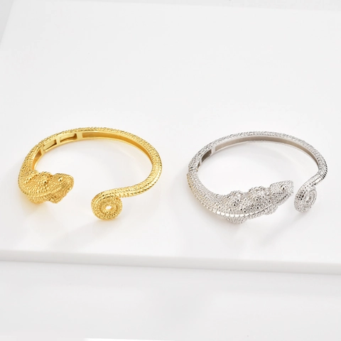 Pulsera Abierta de Lagarto Camaleón Vintage Para Mujer Plata de Ley 925 Chapado en Oro Ajustable Animal Joyería Regalo