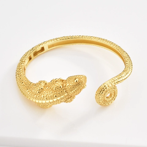 Pulsera Abierta de Lagarto Camaleón Vintage Para Mujer Plata de Ley 925 Chapado en Oro Ajustable Animal Joyería Regalo