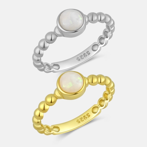 Vintage 925 Sterling Silver Ring For Women White Opal Inlaid Bubble Beaded Ring Elegant Minimalist Anniversary Jewelry Gift