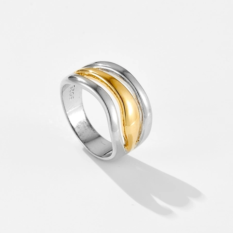 Minimalist Two Tone Wave Stacked Wide Band Ring S925 Sterling Silver Plated Layered Geometric Statement Ring For Women Jewelry Gift