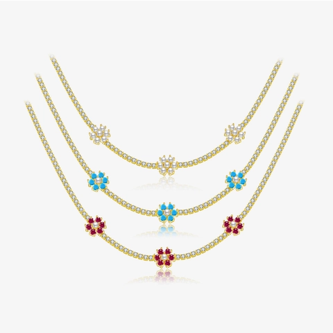 Collar de Cadena de Tenis de Plata de Ley 925 Bañado en Oro de 18 Quilates Con Tres Colgantes de Flores Joyería de Moda