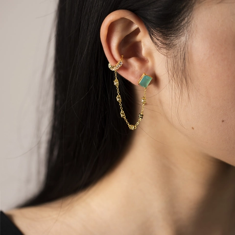 925 Sterling Silver Asymmetric Tassel Drop Earrings With Rectangle Zirconia Gold Silver Plated Ear Cuff Stud Earring Set For Women