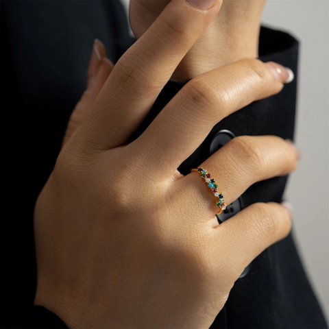 Anillo de Plata de Ley S925 para Mujer Bañado en Oro de 18K Irregular Ondulado Zirconia Colorida Strass Blanco Joyería Minimalista