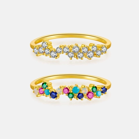 Anillo de Plata de Ley S925 para Mujer Bañado en Oro de 18K Irregular Ondulado Zirconia Colorida Strass Blanco Joyería Minimalista