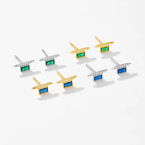 Pendientes de Botón de Lujo Poste de Plata de Ley 925 Zirconia Rectangulares Piedras Preciosas Verde Esmeralda Azul Zafiro Joyería Mujer